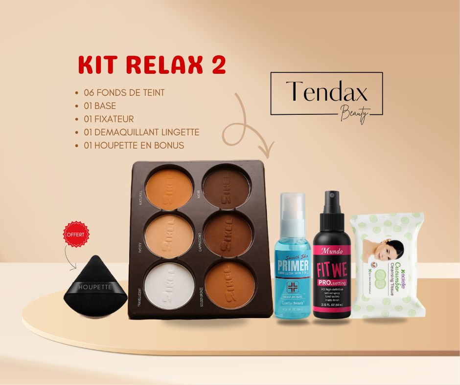 Kit Relax 2 – 6 Fonds de Teint + Base + Fixateur + Lingettes Démaquillantes + Houppette Offerte