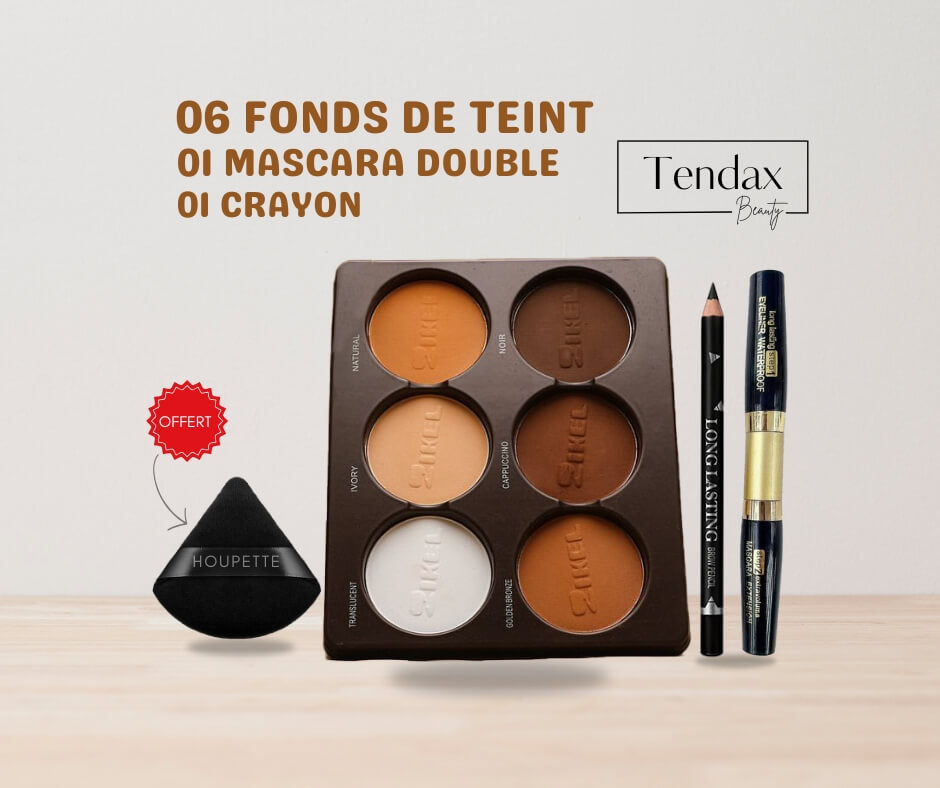 Kit Maquillage Rapide – 6 Fonds de Teint + Mascara Double + Crayon + Houppette Offerte